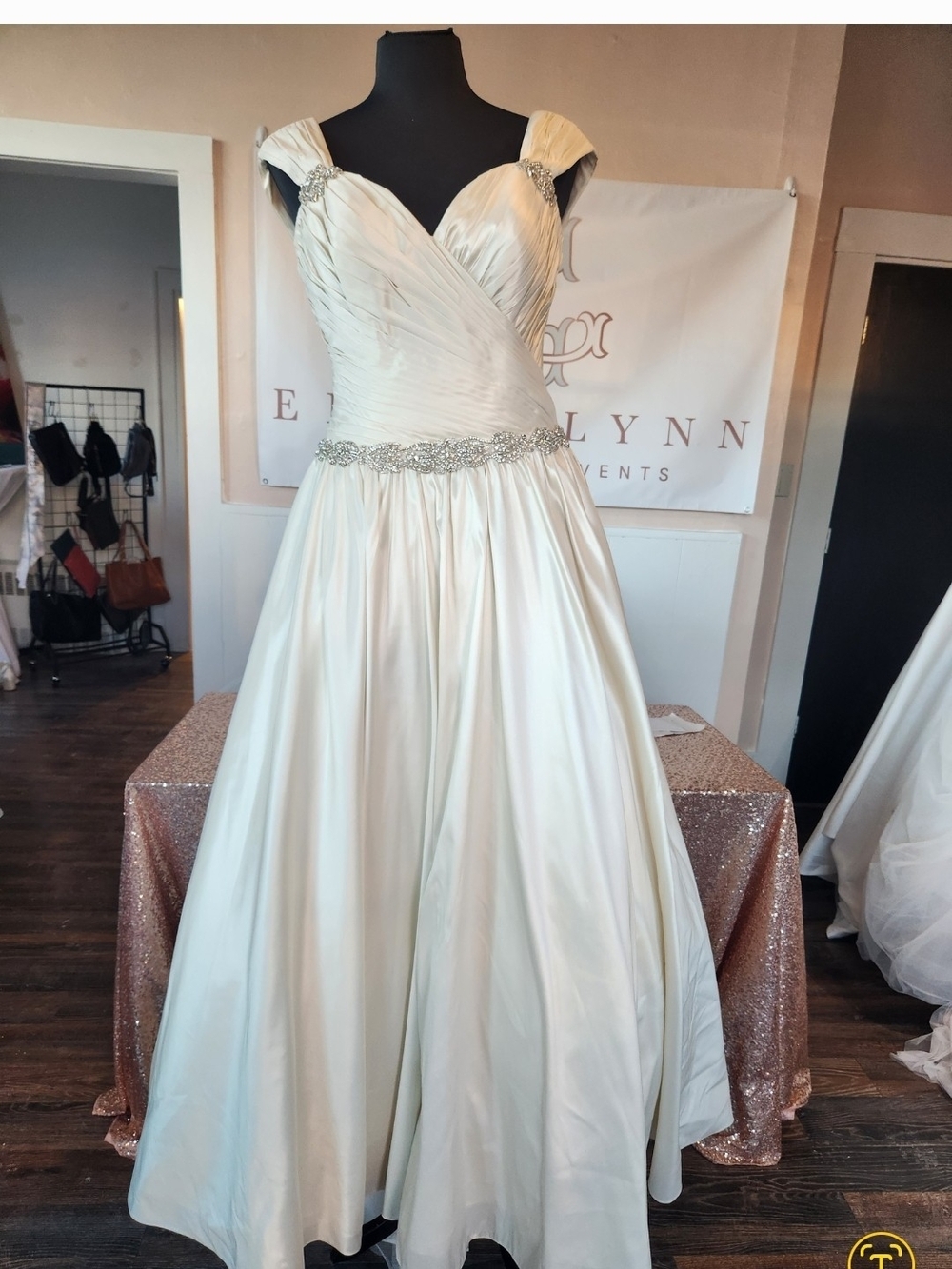 Madison James #110 Ivory Satin Bridal Gown with Crystal Beaded Belt